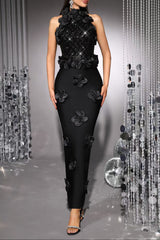 phoenix 3d flower sequin halter bandage maxi dress in black