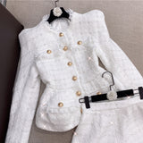 Metal button wool shorts two-piece set - white