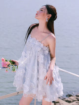 Tutu Light Blue Sleeveless Flower Diamond Short Doll Dress