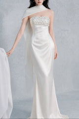 sylvia rhinestone embellish strapless satin maxi dress  - white