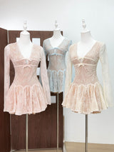 eileen Long-sleeve v-neck lace A-line mini dress in blue