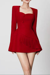 victoria red square neck long sleeve a-line mini dress