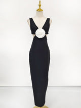 flower V-neck Hollow Out maxi Dress in black