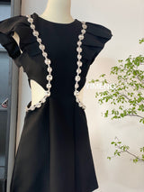 Three-dimensional ruffle rhinestone hollow mini dress in black