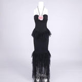 Lace Tiered flower Strapless Maxi Dress in black