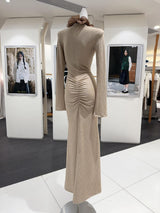 rachel Contour Long Sleeve Ruffle Knit Maxi Dress in pale brown