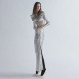 crop top drape skirt set in silver