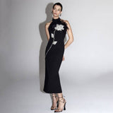 beatrice flower rhinestone feather halter Midi Dress in Black