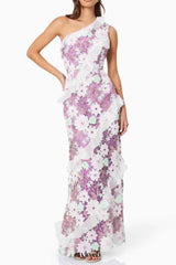 Floral One Shoulder Lace Maxi Dress in purple