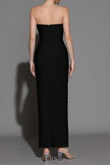 Pearl Rhinestone Beaded strapless black maxi dress
