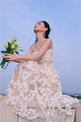 Leah White/Beige Sleeveless  Flower Dress