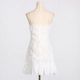 FLORAL APPLIQUÉ PLEATED HEM MINI DRESS IN WHITE