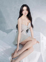 alberta bowknot strapless mini dress in camel