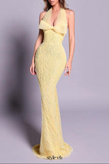 irene Halterneck Bowknot Beaded bodycon maxi dress in yellow
