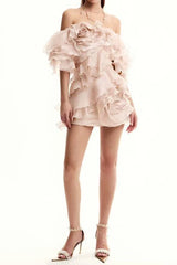 delia ruffle embellished  mini dress in beige