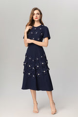 katherine 3d flower appliqué midi dress in navy blue