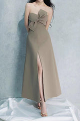 alberta bowknot strapless slit midi dress in grey green