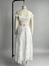 Ruffled square neck embroidered backless slit maxi dress - white
