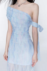 rosalind one-shoulder pleated slim maxi dress in blue