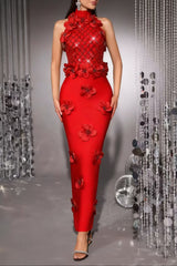 phoenix 3d flower sequin halter bandage maxi dress in red