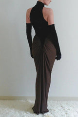 velvet mesh patchwork maxi dress in black