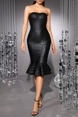 eudora off shoulder bodycon fishtail hem midi dress in black