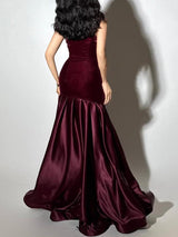 tiffany Irregular splicing strapless maxi dress  - burgundy