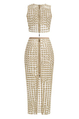 apricot Sheer plaid fishtail maxi skirt two piece of set