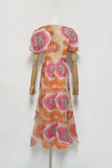 lydia puff sleeve Floral Midi Dress in Pink