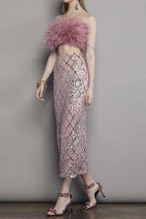 audrey pink feather top sequin Midi Skirt set