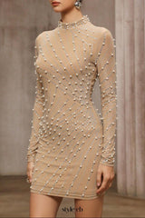 Khaki Tassel Rhinestone Mesh Pearl Hip-Wrap mini Dress