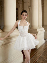 halter embroidered hollow mini dress in white