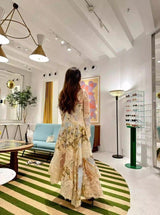 kristin Long Sleeves Floral Printed Asymmetric Lace Maxi Dress