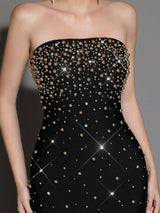 Pearl Rhinestone Beaded strapless black maxi dress