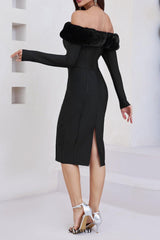 Fuzzy Trim Split Bodycon strapless midi Dress in black