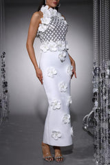 phoenix 3d flower sequin halter bandage maxi dress in white