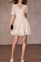 Polka dot V-neck a-line mini dress in apricot