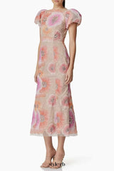 lydia puff sleeve Floral Midi Dress in Pink