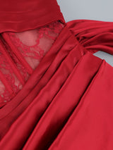 CORSET SATIN PLEATED MAXI DRESS IN RED