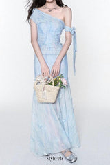 rosalind one-shoulder pleated slim maxi dress in blue