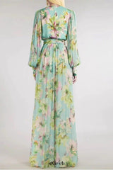 V Neck floral print chiffon maxi dress in green