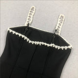 pearl embellished strap mini dress in black