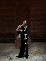 victoria Bow Cascade Velvet Maxi Dress in black