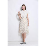 doris flower embellished ruffle sleeve midi dress in apricot