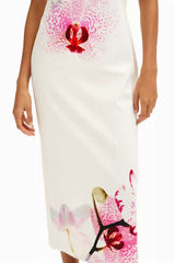 orchid print back slit stretch slim fit midi dress