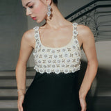 roberta Pearl Flower Rhinestone maxi dress in black