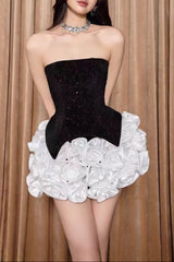 doris 3d flower Sequin Strapless Mini Dress in black