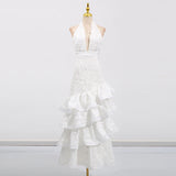 hazel white Deep V-neck halterneck layer ruffle trim maxi dress