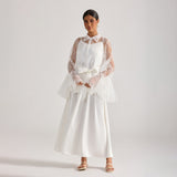 Tiffany white lace bell-sleeve ruffle embroidered top maxi skirt set