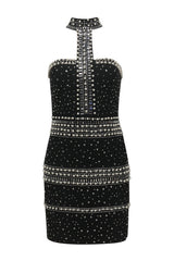 nelly pearl rhinestone halter mini dress in black